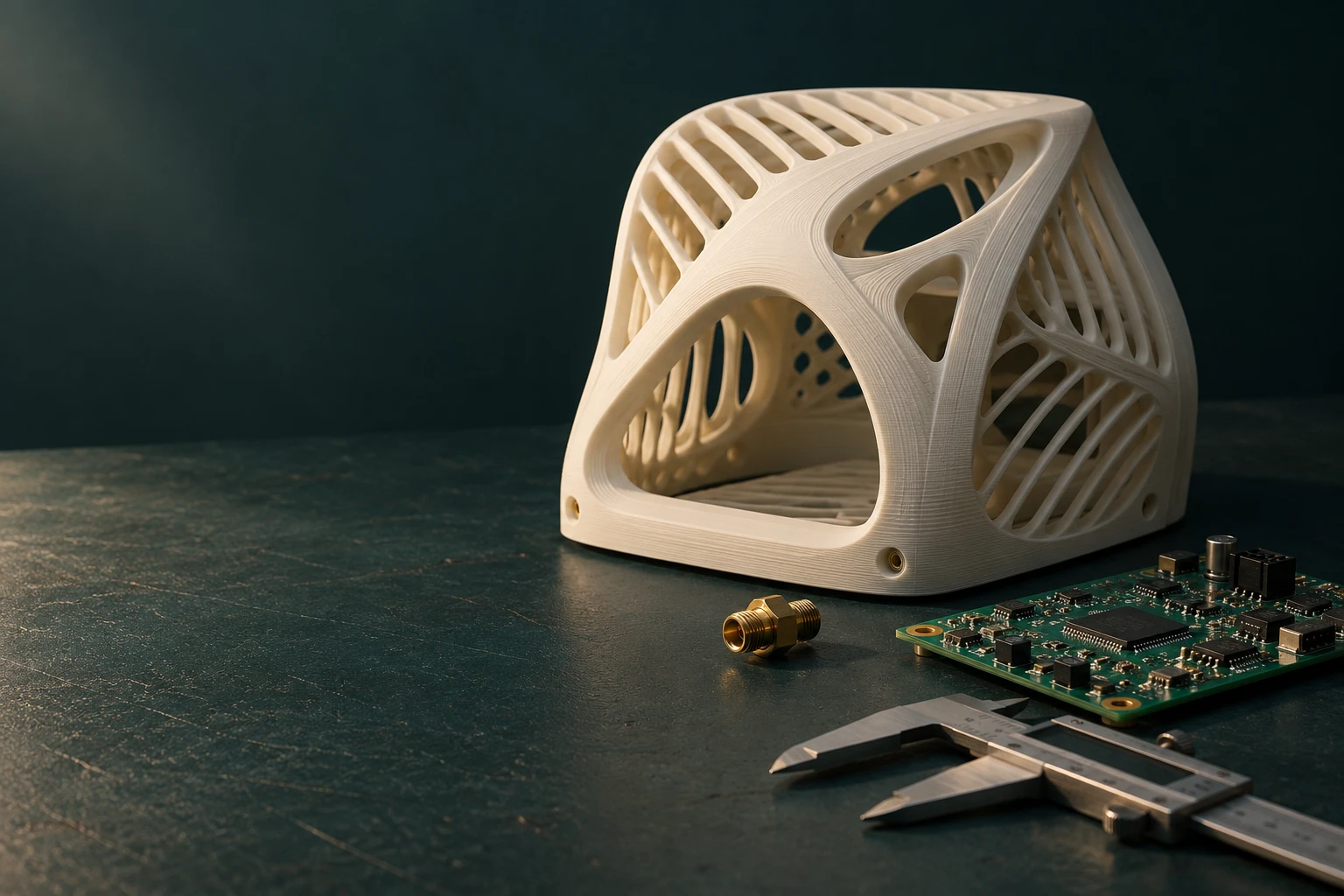 Illustrative maker workbench with a printed enclosure and electronics